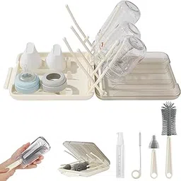 Bottle Brush Set -Baby Travel Essential-6 in 1 Bottle Cleaner Kit with Silicone Bottle Brush,Nipple Cleaner Brush,Straw Brush,Soap Dispenser,Storage Box,Bottle Drying Rack for Home and Travel (White 1) image 1
