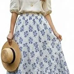 Elegant Blue Floral Printed Long Flared Skirt for Women – Cotton Blend Summer Wear-image-0