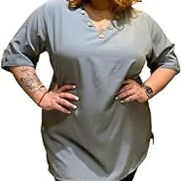POREARMA Women Plus Size Grey Plain Top with Mandarin Collar & Three-Quarter Sleeves | Show Buttons on Chest | Party Wedding Festivals 2XL / 3XL / 4XL / 5XL / 6XL / 7XL image 1
