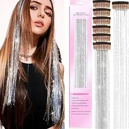 SANNIDHI® 6pcs Silver Hair Tinsel Hair Extensions for Women Girls, Glitter 20inch Clip-in Fairy Hair Tinsels Sparkling Tinsel for Party Festival Cosplay-picture-32