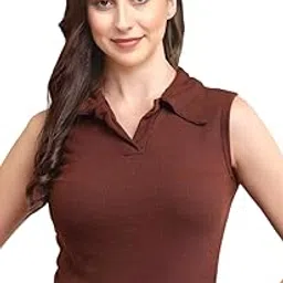 Women's Sleeveless Ribbed Knit Polo Top, V-Neck Collared Design, Available in Brown, Black, Red and Lavender Colors, Slim Fit Super Soft Top for Girls-image-83