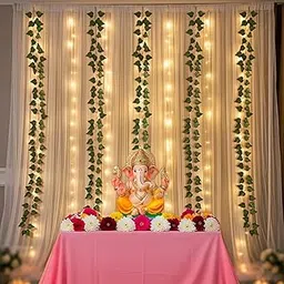 SpecialYou® Ganpati Decoration Setup for Home Decor Items with White Back Drop Curtain for Decorations, Green Vines & Light, Ganesh Chaturthi Decoration Setup, Wall Decor Items- 9pcs-picture-29