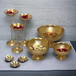 Universal Decor Taj Bowl Hammered Urli Candle Stand with Floating Diya | Urli for Home Decor and Festival Decor Urli Show Piece for Floating Flowers Diya - 9 Pieces Combo (Iron)-image-83