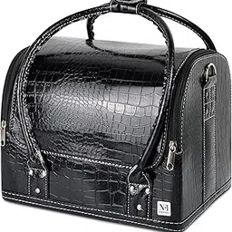 Leather Makeup Organizer Box, Professional Cosmetic Storage Case, Vanity Train Case with 4 Layer Trays and Strap for Women (41-01) (Black)-image-0