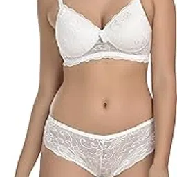 fims - fashion is my style Women Cotton Lycra Net Lightly Padded Bra Panty Set, Non-Wired, Full Coverage, T-Shirt, Molded, Adjustable Lace Pushup Lingerie Sets Girls Pack of 1, White, Cup- B-picture-12
