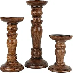 Vudy Decorative Wooden Pillar Candle Stand, Set of 3 – Hand Crafted Wood Candle Holders for Living Room, Table Centerpiece, Mango Wood Medium Polish Finish (SIZE1(12', 8', 6'))-image-23