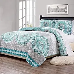 Fancy Collection 2 Pc Twin/Twin XL Over Size Quilted Bedspread Set Aqua Turquoise Coastal Plain/Gray Green White Elegant Design New-image-14