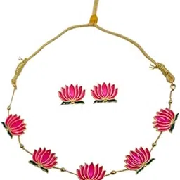 ridhav Traditional Lotus Flower Design Necklace Jewellery Set for Women & Girls | Gold Plated Alloy with Earrings | Adjustable Design |-picture-30