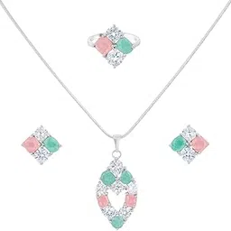 Marquise Stone Jewellery Set for Women | Multicolor Pendant Necklace with Earrings and Ring | Wedding Engagement Festival Collection-image-77