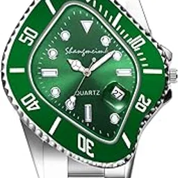 aroncent Novel Stainless Steel Watch: Unique Shaped Case Hexagonal Analog Watch with Magnifying Date Luminous Hands LED - Easy Reader Luxury Futuristic Quartz Concept Timepiece, A-Irregular-Green-picture-14