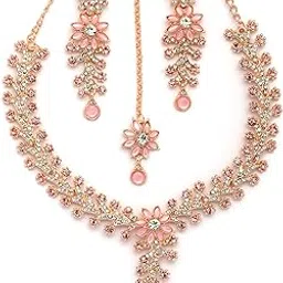 sukkhi Charming AD Diamonds Studded Floral Choker Necklace with Danlge Earrings Maangtikka Jewellery Set for Women & Girls-picture-12