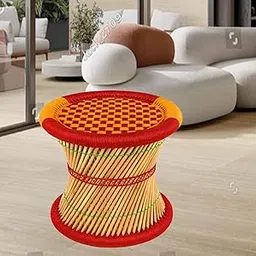Handmade Bamboo Mudda/Stool/Chair/Canebar Indoor & Outdoor Living Room 14x14-1 Pices (1.Orange-RED)-picture-34