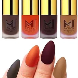 MI FASHION Smooth Finsh 9.9ml Velvet Matte Lacquer Nail Polish Combo Coffee, Orange, Wine, Dark Nude (Pack Of-4)-image-80