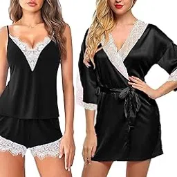 Women's Floral Lace Lingerie Set, with Satin Robe-picture-15