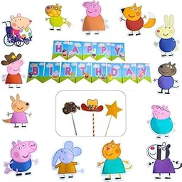 WP WANNA PARTY Pig Theme Birthday Decoration Kit - Combo of 17 PCS| Pig Happy Birthday Banner| Cake Toppers for Birthday | Pig Cutouts I Pig Props for Kids Birthday Decoration Items(Paper) image 1