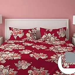 Premium Glace Cotton Elastic Fitted Bedsheets with 2 Full Size Pillow Covers Double Bedsheet with All Around Elastic Supersoft 160TC Size 90×100 inches(Red & Orange Flowers)-picture-19