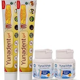 2 in 1 Ayurvedic Oral Care Kit of Gum Healing Yunadent dental Gel & Yunawhite Dantprabha Natural Teeth Whitening Powder | Combo (Pack of 2) | Maximum Sensitive Teeth Relief, Stops Bleeding Gums & Lifts Tough Stains | Plaque & Tartar Control | Fluoride & SLS-Free| |Fights Cavities & Bad Breath|Organic & Vegan image 1