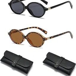 Retro Oval Sunglasses for Women Men, 2 Pcs Trendy Oval Round Sunglasses with Leather Bag, 90s Viatage Style Shades, UV400 Protection Retro Oval Eyewear Driving Glasses Outdoor, black-image-43