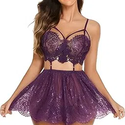 hypestitch Women's Floral Lace Babydoll Lingerie Set, 2-Piece with Strappy Bralette and Skirt image 1