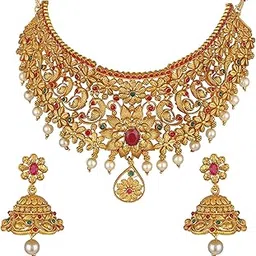shining diva fashion Latest Stylish Design Fancy Pearl Choker Traditional Temple Necklace Jewellery Set for Women (rrsd13868s) (Golden)-picture-37