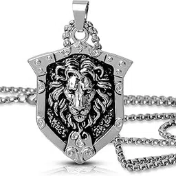 Oxidised Silver Jungle King Lion Head Shield Pendant Chain Necklace For Men-image-10