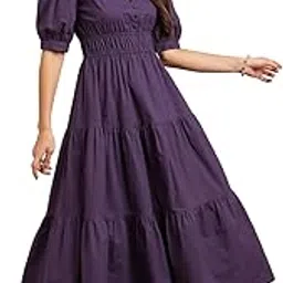 globus Women Square Neck Puff Sleeves Solid Tiered Fit & Flare Maxi Resort Dress-picture-32