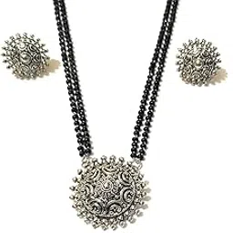 kinjals collection Traditional Oxidised Mangalsutra Set with Black Beads Chain and Stud Earrings, Silver Tone-picture-14
