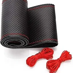 Spedy Universal Car Steering Wheel Cover Hand Sewing Leather Case - Black with Red Stitching 38CM Snews_122-image-6