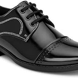 marswalk Men's Derby Brogue Patent Leather Formal Shoes, Round Toe, Block Heel, Brown-picture-50
