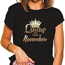 eweft Queen are Born in with Crown Golden Printed Half Sleeve Round Neck Black Cotton T-Shirt for Girl's/Women's-picture-51