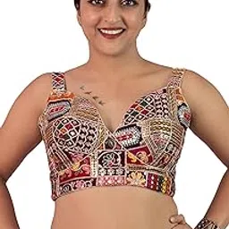 Women's Mirror Work Sweetheart Neck Sabyasachi Cut Sleeveless Readymade Saree Blouse | E16-image-65