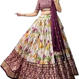 dream crushers Art Women,s Tussar Silk With Leheriya And Foil Print Lehenga choli Set Women's Organza Floral White Semi-Stitched Lehenga Choli-picture-32