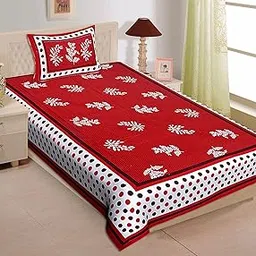Jaipuri Look Cotton Printed Single Bedsheet with One Pillow Cover -Red-picture-10