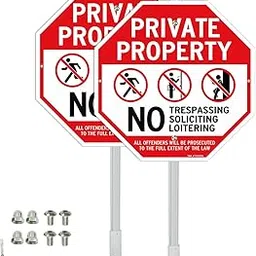 T&R Large Private Property No Trespassing Soliciting Loitering Sign with 36" Stake for Outside - 2 Pack - 12"x12" .040 Rust Free Heavy Aluminum, Includes Matching Screws & Wrench, Easy to Mount-image-32