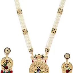 zeneme Gold-Plated Kundan Studded & Beaded Long Meenkari Work Necklace with Earrings Jewellery Set for Women and Girls-picture-35