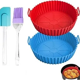 Air Fryer Liners Round Silicone Basket with Ear Handles | Nonstick, Reusable, Heat Resistant, 8in Red and Blue, Pack of 2 with Oil Brush & Spatula-picture-19