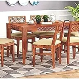 Streema art Wooden Dining Table Set with 6 Chairs, Sheesham Wood, Carved Lattice Design, Cushioned Seats, Traditional Style, Brown-image-89