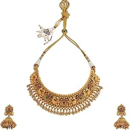 kushal's Fashion Jewellery Ruby-Green Gold Polished Antique Chokers With Push Back Jhumkas and Adjustable Thread for Bridal Wear, Necklace set for women - 409930-picture-18