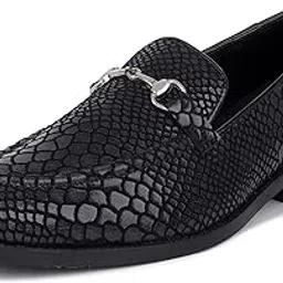 lozano Premium Genuine Leather Foil Print Black Slip-On Shoes for Men-picture-25