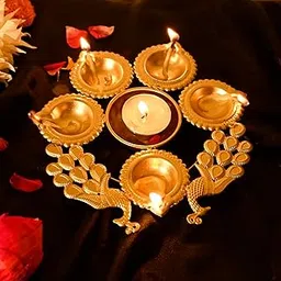 Ascension Peacock Diya Shape Decorative Urli Bowl for Home Decor with 5 Attached Oil Diyas for Floating Flowers and Tealight Candles Home Table | Diwali Decoration Items for Home Pooja Room (7 inch)-image-6