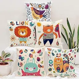 STITCHNEST Animals Printed Poly Cotton Cushion Cover Set of 5 (12 X 12 Inches)-picture-18