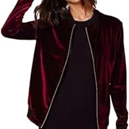 Patakadevi | Maroon Velvet Bomber Jacket For Women | For Evening Social Gathering And Dinner | Full Sleeve Zip-Up Outerwear | Stylish Casual Night Out Coat-picture-39
