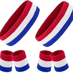 beforyou Homfshop 6 Pieces Striped Sweatbands Set, Includes 2 Sports Headband and 4 Wristbands Colorful Cotton Sweatband Set American Flag Style for Men Women-picture-50
