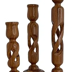 DECORITY DREAMS Decorative Wooden Criss Cross Pillar Candle Stand Set of 3 | Hand Crafted Wood Candle Holders for Living Room | Table Centerpiece | Mango Wood Premium Polish Finish-image-93