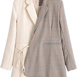 quecy Women's Polyester Relaxed Fit Casual Plaid Notched Work Wear Blazer (Apricot,L)-picture-27