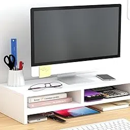 Olpad Adjustable Dual Monitor Stand with Storage Organizer, Wooden Desktop Riser for Monitors, Bamboo Corner Desk, Ergonomic Computer Riser with Pen Holder and Organizer (Monitor Stand (white) 3 Box Simple)-image-64