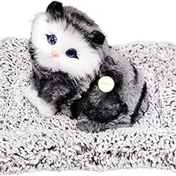 FunBlast Cute Cat Plush Toy with Meow Sound, Toy Accessories for Car Dashboard & Home Décor, Realistic Cat Pet Toys with Bed, Gift for Kids (Grey+Black)-picture-16