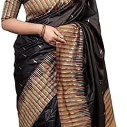 Traditional Banarasi Art Silk Saree with Unstitched Blouse Piece, Black with Multicolour Border-image-4