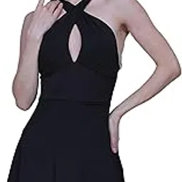 megaska One Piece Swimming Dress Halter Neck Cross Front Padded Swimwear with Inner Shorts Stylish Swim Suit Set Elegant Black Swimming Costume for Women-picture-14