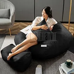 LEXAVI Brand - 3XL Luxury Bean Bag with Footrest & Free Pillow Filled with Beans | 6 Month Warranty | Chair for Adults, Kids & Teen Age with Ultra Soft Comfort & Cozy Seating – (XXXL - Black)-image-11